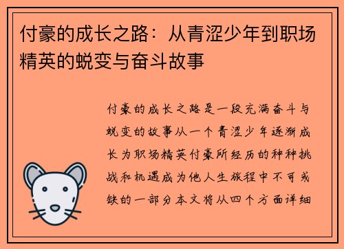 付豪的成长之路：从青涩少年到职场精英的蜕变与奋斗故事