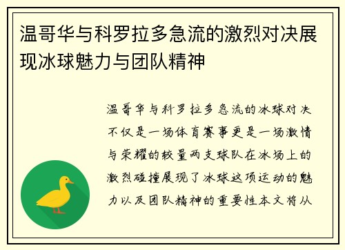 温哥华与科罗拉多急流的激烈对决展现冰球魅力与团队精神